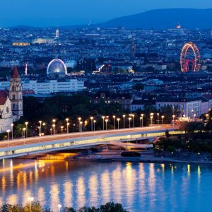 Vienna, aerial view at night, with danube and cityscape